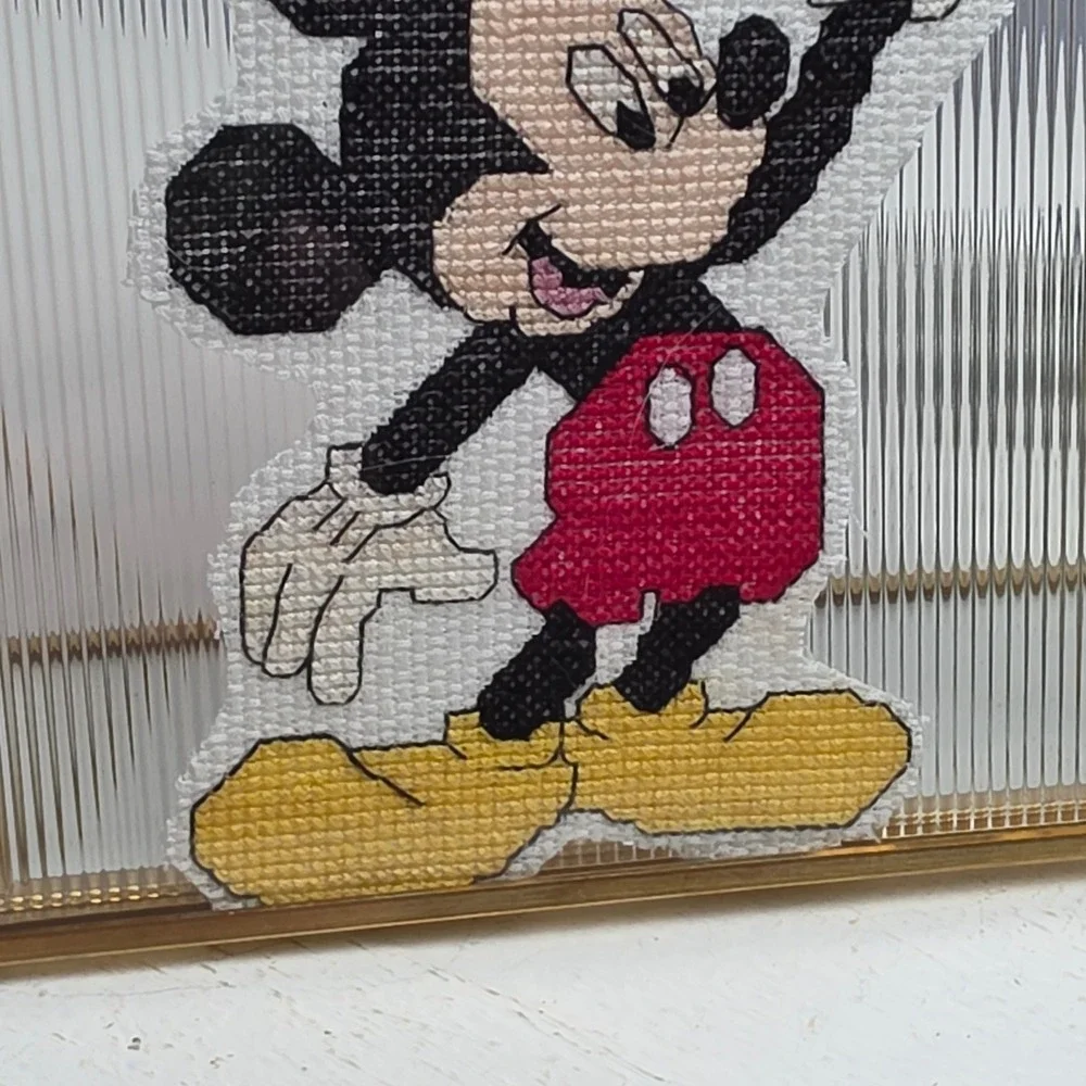 Vintage Mickey Mouse Cross Stitch Picture Gold Frame Holding Balloon Glass Decor
